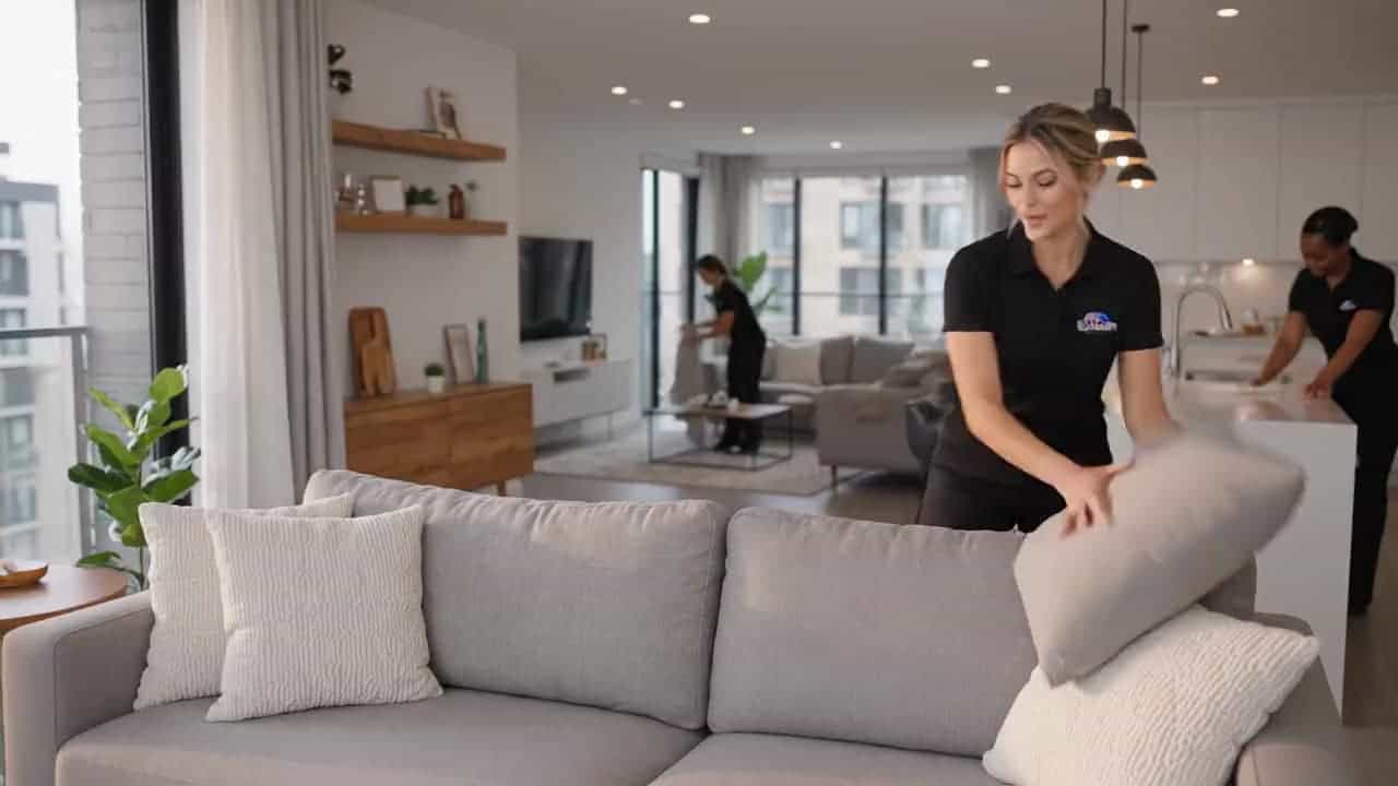A Lumum Cleaning team member in uniform setting cushions on a sofa in a bright Chicago living room while two colleagues clean behind her